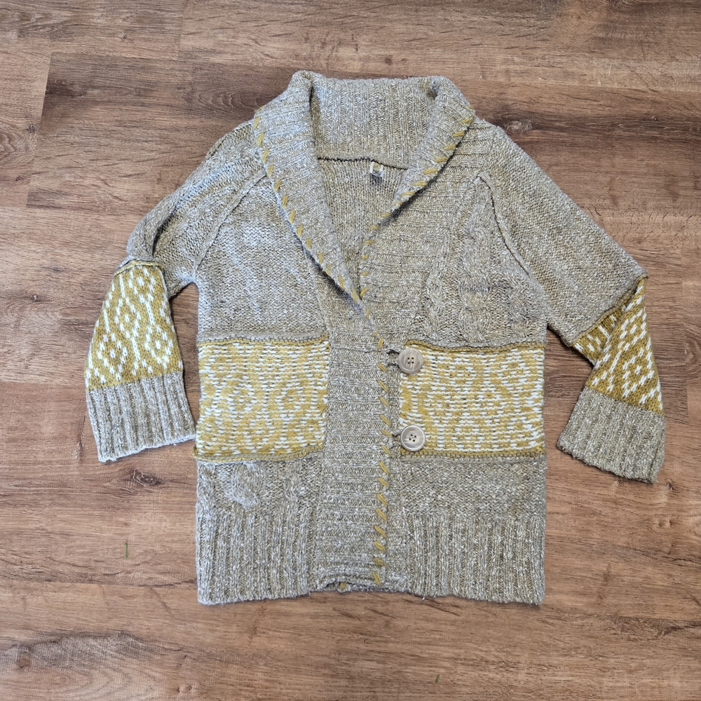 BKE Tan and Yellow Cardigan Sweater Button Medium Wool Blend